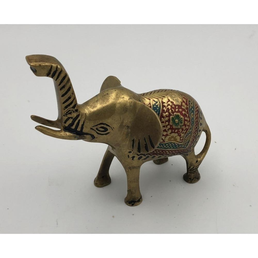Vintage Brass Elephant Etched Trunk‎ Up Figurine Statue 5.5" High